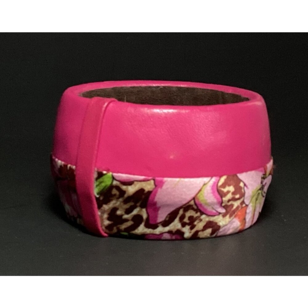 Tasha Chunky Wide Leather and Silk Bangle Bracelet in Pink Floral & Leopardskin - Picture 4 of 7
